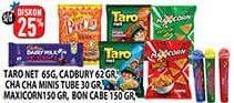 Taro Net/Cadbury Dairy Milk/Delfi Cha Cha Minis/MAXICORN Snack/Kobe Bon Cabe Makaroni Krispi