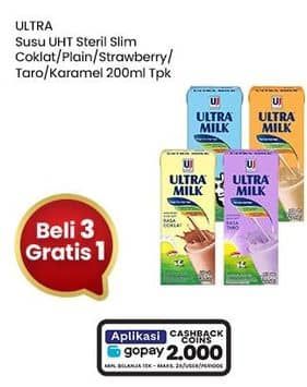 Promo Harga Ultra Milk Susu UHT Coklat, Full Cream, Karamel, Stroberi, Taro 200 ml - Indomaret