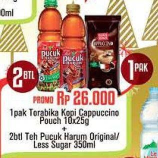 Promo Harga 2 TEH PUCUK Minuman Teh 350ml + TORABIKA Cappucino 10s  - Carrefour