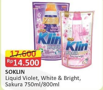 Promo Harga SO KLIN Liquid Detergent + Anti Bacterial Violet Blossom, + Softergent Soft Sakura, Power Clean Action White Bright 800 ml - Alfamart