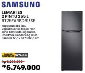 Samsung RT25FARBDB1 Digital Inverter  Diskon 8%, Harga Promo Rp5.749.000, Harga Normal Rp6.299.000, Spesifikasi :
- Kapasitas: 255 liter
- Digital Inverter
- Moist Fresh
- Zone
- Easy Slide
- Big Guard
- Cool Pack
- Deodorizing Filter 
- Dimensi: 55,5 x 63,7 x 163,5 cm

Garansi Kompresor 10 Tahun