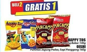Promo Harga HAPPY TOS Nacho Cheese, Jagung Bakar 140 g/OISHI Panchos Jagung Pedas, Sapi Panggang 160 g  - Hari Hari