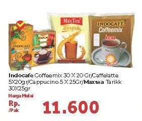 Promo Harga INDOCAFE Coffeemix 30x20gr / Caffe Latte 5x20gr / Cappuccino 5x25gr / MAX TEA Teh Tarik 30x25gr  - Carrefour