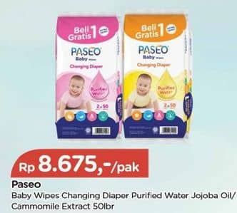 Promo Harga Paseo Baby Wipes Purified Water, With Jojoba Oil, With Chamomile Extract 50 sheet - TIP TOP