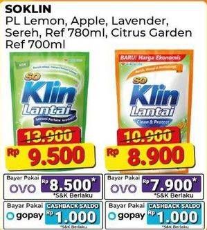 Promo Harga So Klin Pembersih Lantai Hijau Fruity Apple, Kuning Citrus Lemon, Sereh Lemongrass 780 ml - Alfamart