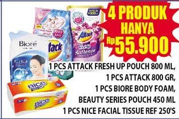 Promo Harga ATTACK Detergent 800gr + Fresh Up 800ml + NICE Facial Tissue 200s + BIORE Body Foam 450ml  - Hypermart