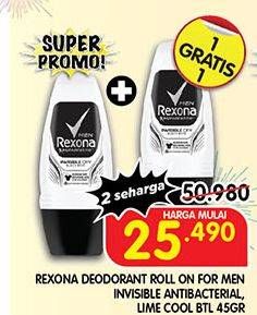 Promo Harga Rexona Men Deo Roll On Invisible + Antibacterial, Natural Fresh Lime Cool 45 ml - Superindo