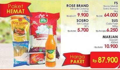 Promo Harga Paket Hemat Rose Brand Minyak Goreng+ FS Beras + Sosro Teh Celup + SUS Gula Pasir + Marjan  - Lotte Grosir