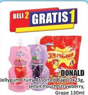 Promo Harga DONALD Jellygum Fruity Assorted Bag 10x23gr, Jellvit Pouch Strawberry, Grape 130ml  - Hari Hari