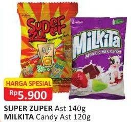 Promo Harga SUPER ZUPER Permen 140g / MILKITA Candy 120g  - Alfamart