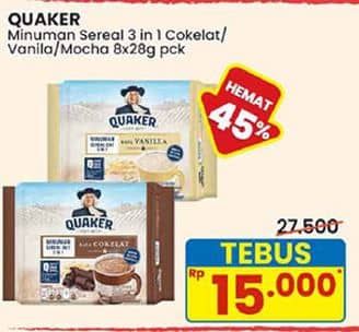 Promo Harga Quaker Oatmeal 3in1 Cokelat, 3 In 1 Mocha, 3in1 Vanilla per 8 pcs 28 gr - Indomaret