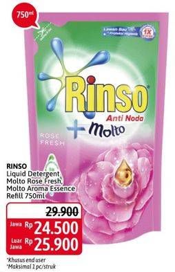 Promo Harga RINSO Liquid Detergent + Molto Aroma Essence, + Molto Pink Rose Fresh 750 ml - Alfamidi