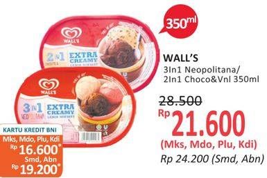 Promo Harga WALLS Ice Cream Chocolate Vanilla With Chocolate Chip, Neopolitana 350 ml - Alfamidi