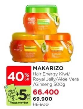 Promo Harga Makarizo Hair Energy Fibertherapy Hair & Scalp Creambath Ginseng Extract, Kiwi, Royal Jelly, Aloe Melon 500 gr - Watsons