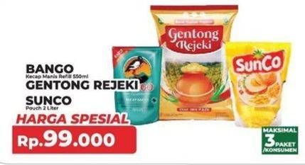 Promo Harga BANGO Kecap Manis 550 mL + GENTONG REJEKI Beras + SUNCO Minyak Goreng 2 L  - Yogya