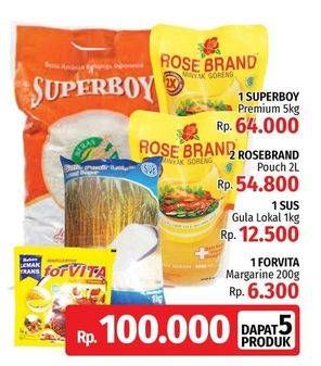 Promo Harga Superboy Beras + 2 Rose Brand Minyak Goreng + SUS Gula Pasir Lokal + Forvita Margarine  - LotteMart