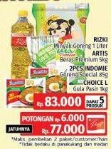 Promo Harga Rizki Minyak Goreng/Artis Beras Premium/Indomie Mi Goreng/Choice L Gula Pasir  - LotteMart