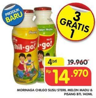 Promo Harga MORINAGA Chil Go UHT Melon Madu, Banana per 4 botol 140 ml - Superindo