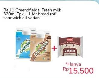 Promo Harga Greenfields Fresh Milk + Mr Bread Roti Sandwich  - Indomaret