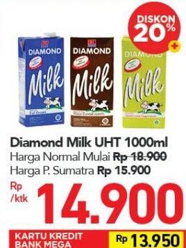 Promo Harga DIAMOND Milk UHT Chocolate, Full Cream, Low Fat High Calcium 1000 ml - Carrefour