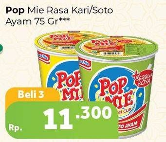 Promo Harga INDOMIE POP MIE Instan Kari Ayam, Soto Ayam per 3 pcs 75 gr - Carrefour