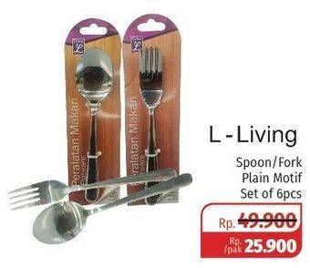Promo Harga L-LIVING Spoon & Fork Set Plain Motif 6 pcs - Lotte Grosir