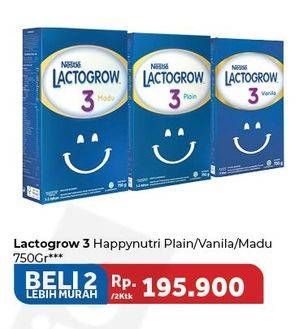 Promo Harga LACTOGROW 3 Susu Pertumbuhan Plain, Vanila, Madu per 2 box 750 gr - Carrefour