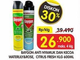 Promo Harga BAYGON Insektisida Spray Water Lily Rose, Citrus Fresh 600 ml - Superindo