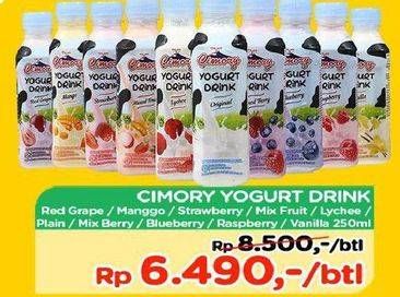 Promo Harga CIMORY Yogurt Drink Red Grape, Mango, Strawberry, Mixed Fruit, Lychee, Plain, Mixed Berry, Blueberry, Raspberry, Vanilla 250 ml - TIP TOP