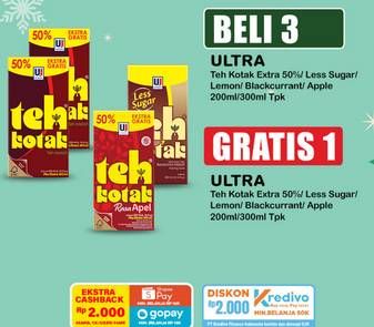 Promo Harga Ultra Teh Kotak Apple, Blackcurrant, Jasmine, Lemon, Less Sugar 200 ml - Indomaret
