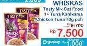 Promo Harga Whiskas Tasty Mix Tuna With Kanikama Carrot In Gravy, Chicken With Tuna Carrot In Gravy 70 gr - Indomaret