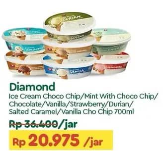 Promo Harga Diamond Ice Cream Chocolate With Chocolate Chip, Mint With Chocolate Chip, Cokelat, Stroberi, Vanila, Durian, Salted Caramel, Vanilla With Chocolate Chip 700 ml - TIP TOP