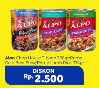 Promo Harga ALPO Chop House Prime Cuts Stew With Beef, Prime Cuts With Lamb Rice, T-Bone Steak 368 gr - Carrefour