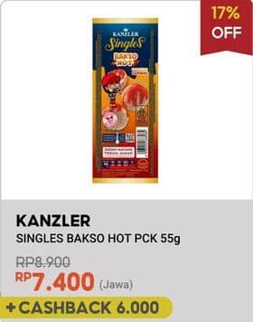 Kanzler Singles Bakso 55 gr Diskon 16%, Harga Promo Rp7.400, Harga Normal Rp8.900, Harga Dapat Berbeda di Wilayah Tertentu,  Cashback Rp6.000 dengan ShopeePay min transaksi Rp15.000,ShopeePay