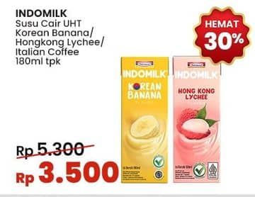 Promo Harga Indomilk Korean Series Seoul Banana, Hong Kong Lychee, Italian Coffee Latte 180 ml - Indomaret