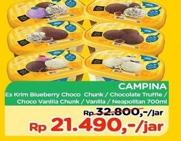 Promo Harga CAMPINA Ice Cream Blueberry Choco Chunk, Neapolitan, Vanilla 700 ml - TIP TOP