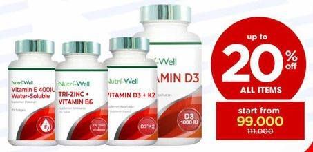 Promo Harga Nutriwell Vitamin E 400IU Water Soluble/Tri-Zinc + Vit B6/Vitamin D3 + K2/Vitamin D3 1000 IU   - Watsons