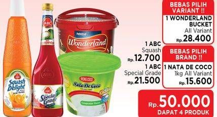 Promo Harga Paket 50rb (Wonderland Bucket + Wong Coco Nata De Coco + ABC Squash + ABC Special Grade)  - LotteMart