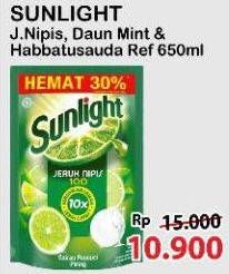 Promo Harga Sunlight Pencuci Piring Jeruk Nipis 100, Anti Bau With Daun Mint, Higienis Plus With Habbatussauda 650 ml - Alfamart