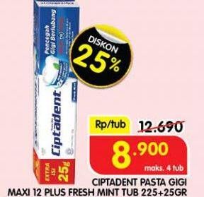 Promo Harga Ciptadent Pasta Gigi Maxi 12 Plus Fresh Mint 250 gr - Superindo
