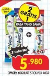 Cimory Yogurt Stick 40 gr Diskon 33%, Harga Promo Rp5.980, Harga Normal Rp8.970, Beli 2 Gratis 1 Rasa Yang Sama