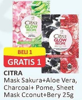 Promo Harga CITRA Glow Recipe Juicy Sheet Mask Sakura + Aloe Vera, Activated Charcoal + Pomegranate, Coconut + Berry 25 gr - Alfamart