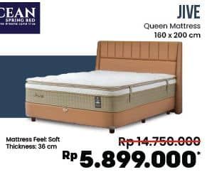 Ocean Jive Queen Mattress  Diskon 60%, Harga Promo Rp5.899.000, Harga Normal Rp14.750.000, 160 x 200 cm
Matress Feel Soft
Thickness 36 cm