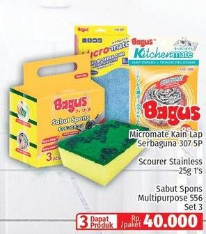 Promo Harga BAGUS Micromate Kain Lap Serbaguna 307 + Scourer Stainless + Sabut Spons 556  - Lotte Grosir
