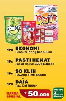 Promo Harga Ekonomi Pencuci Piring + Pasti Hemat Facial Tissue + So Klin Pewangi + Daia Detergent  - Yogya