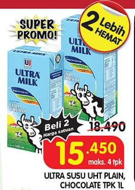 Promo Harga Ultra Milk Susu UHT Coklat, Full Cream 1000 ml - Superindo