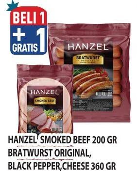 Promo Harga HANZEL Smoked Beef 200 gr, Bratwurst Original, Black Pepper, Cheese 360 gr  - Hypermart