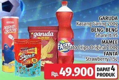 GARUDA Kacang Garing 200g + BENG-BENG Share It 95gr + MAMEE  Potato Crisps Original 100g + FANTA Strawberry 1.5L