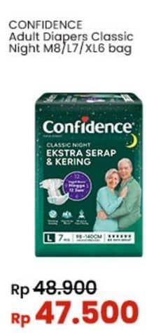 Confidence Adult Classic Night Ekstra Serap & Kering 6 pcs Diskon 2%, Harga Promo Rp47.500, Harga Normal Rp48.900, Extra Potongan Rp5.000 Dengan Kartu Kredit Mandiri min Transaksi Rp150.000