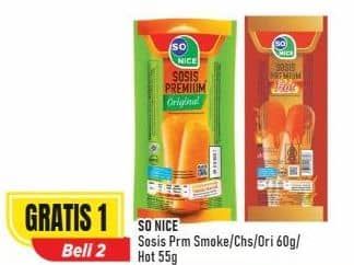 Promo Harga So Nice Sosis Siap Makan Premium Smoked Bratwurst, Original, Keju, Hot 60 gr - Alfamart
